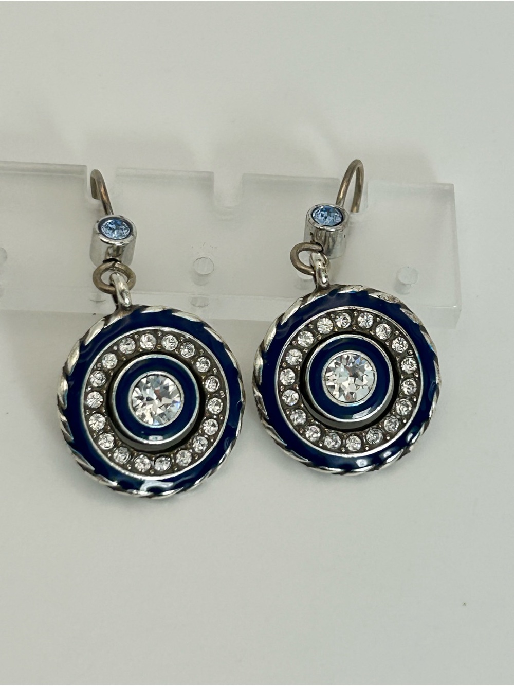 Brighton Halo Eclipse Earrings French Wire Silver Plated Crystals Deep Blue